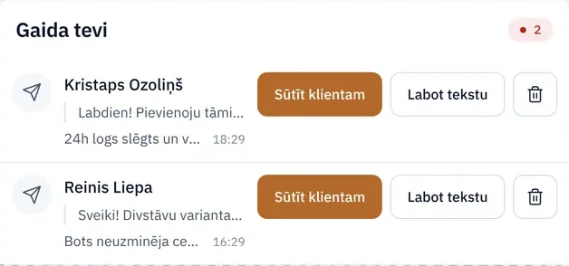 Alpine SIP CRM bloks „Gaida tevi“: tāmes ar pogām Sūtīt klientam un Labot tekstu