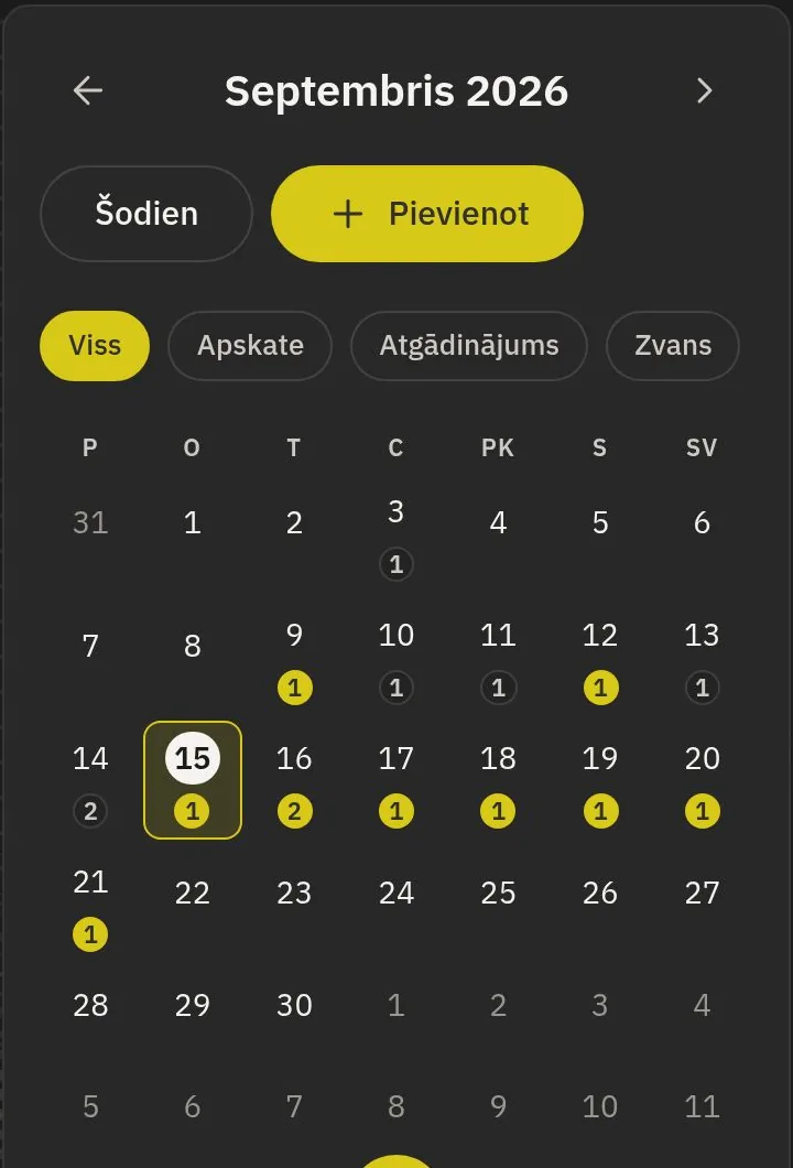 CRM kalendārs telefonā: apskates un atgādinājumi pa dienām